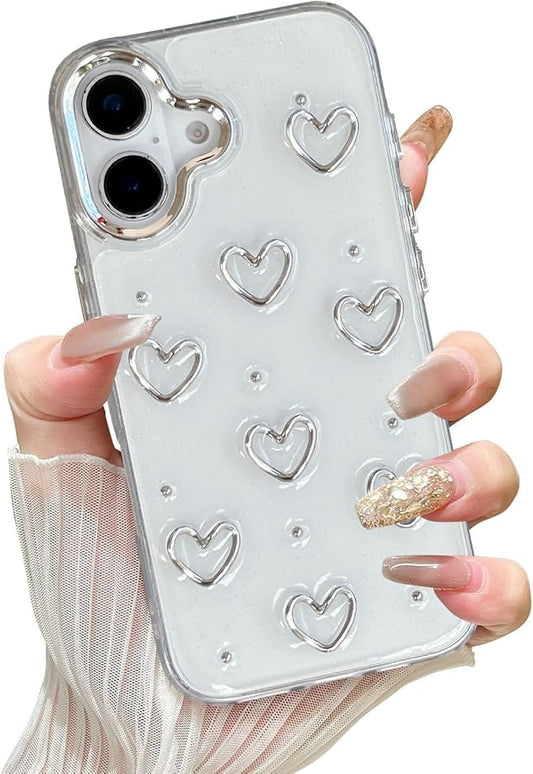 EYZUTAK Case for iPhone 17, Bling Glitter 3D Hearts Phone Case Cute Sparkly Crystal Clear Heart Aesthetic Design Cover Slim Soft Durable TPU Transparent Protective Cover for Women Girls - Heart