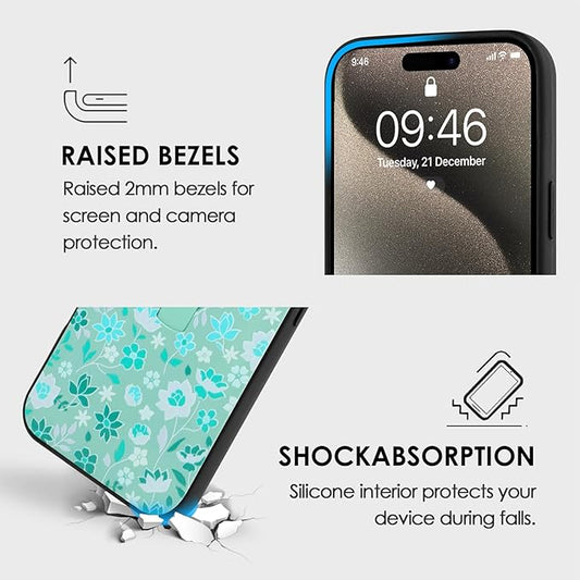 Compatible with iPhone 15 Pro Case with Finger Hand Strap Kickstand, Cute Flowers Floral Phone Case for Girls Women Men, Full Camera Protection Shockproof Protective Cover, Green Flowers