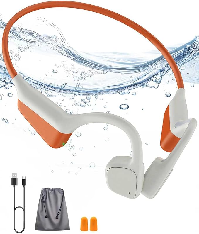 Open-Ear Bone Conduction Headphones, HiFi Dual Stereo Bluetooth Earbuds with Mic, Wireless Earphones Noise Cancelling, 18H Playtime, 27g Lightweight Comfort Headset for Running Cycling (Orange)