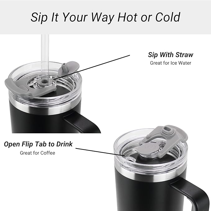 Drinco 40oz 30 oz Tumbler with Handle, Straw Lid, Insulated Stainless Steel Travel Mug Water Bottle Ice Coffee Cup For Cold and Hot, BigSur (30oz, Black)