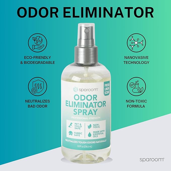 SpaRoom Odor Eliminator Spray – Home Freshener for Strong Smells, Smoke and Pet Neutralizer, Bathroom and Car Deodorizer with Plant-Based Ingredients, 8oz Zero-Residue Linen Formula