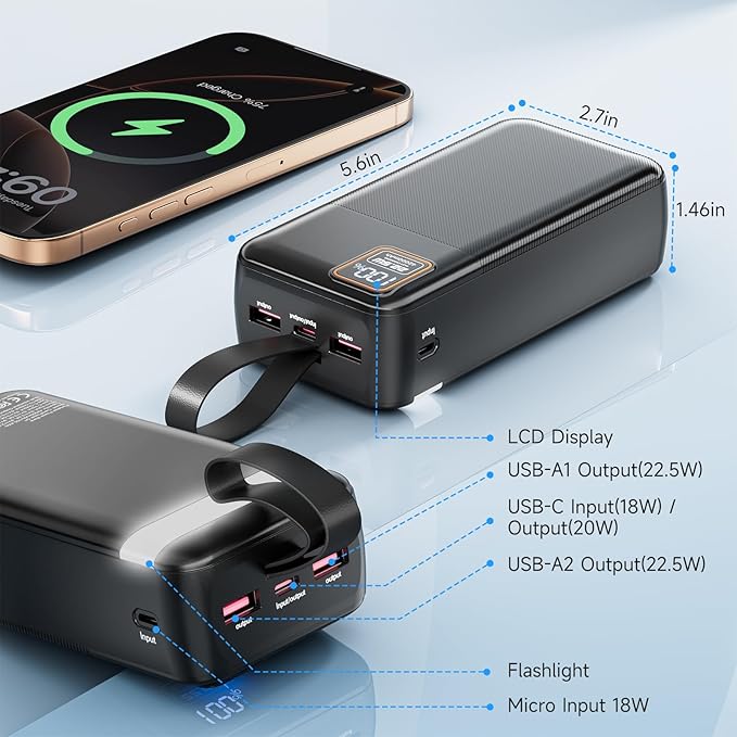EnergyQC 42000mAh Portable Charger, 22.5W Power Bank with LED Flashlight - USB C Fast Charging External Battery Pack, LED Display Portable Phone Charger for iPhone 16/15/14/13, Android, Samsung,etc