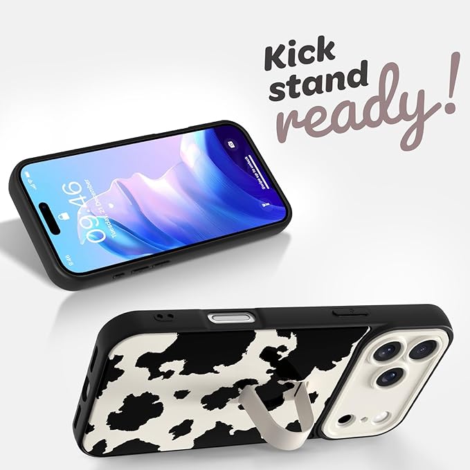 Compatible with iPhone 17 Pro Case with Finger Hand Strap Kickstand, Cute Funny Milk Cow Print Phone Case for Women Men, Full Camera Protection Shockproof Protective Cover, Milk Cow