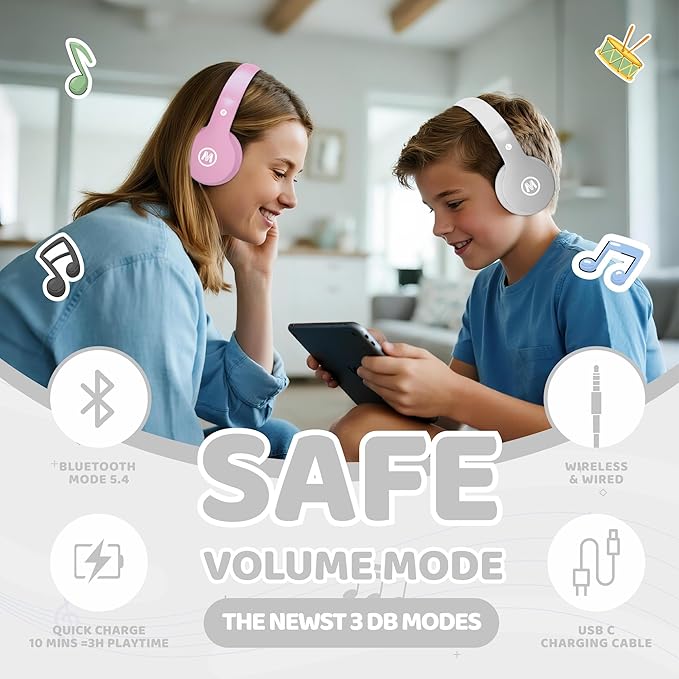 Headphones Kids Bluetooth 5.4 Wireless Play Time 68H Safe Volume Limit 85/94dB Over-Ear Foldable Headset,Fast Charging,with Aux Cord Built-in Mic for Toddler Child Pad Study Tablet White