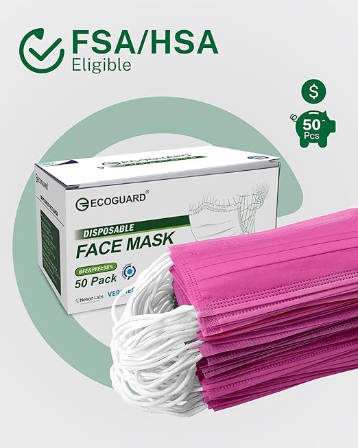 Disposable Face Masks Made in USA, 4 Ply for Families, Students, Breathable All-Day Wear & Safety, FSA HSA Eligible, ASTM Level 3 Medical Grade, 50 Pack, Rose Red