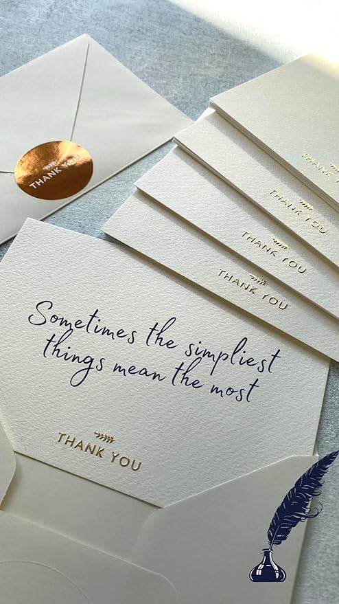 RUN2PRINT (36 Pack) Thank You Cards With Envelopes & Gift of 36 Foiled Stickers - Elegant Emboss Rose Gold Foil Pressed Blank Notes Wedding All Occasion Cards (Ivory)