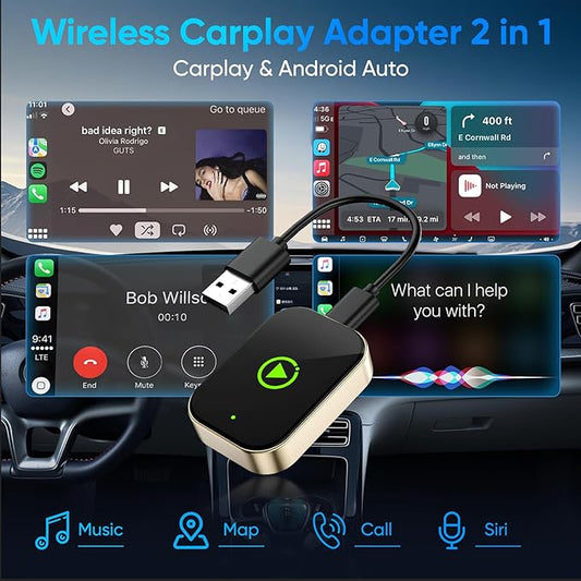 2-in-1 Wireless Carplay Adapter for Apple iPhone & Android, Car Play Adapter Used to Convert Wired Connections Into Wireless, Compatible with Car's Wired CarPlay & Android Auto Vehicles Plug & Play