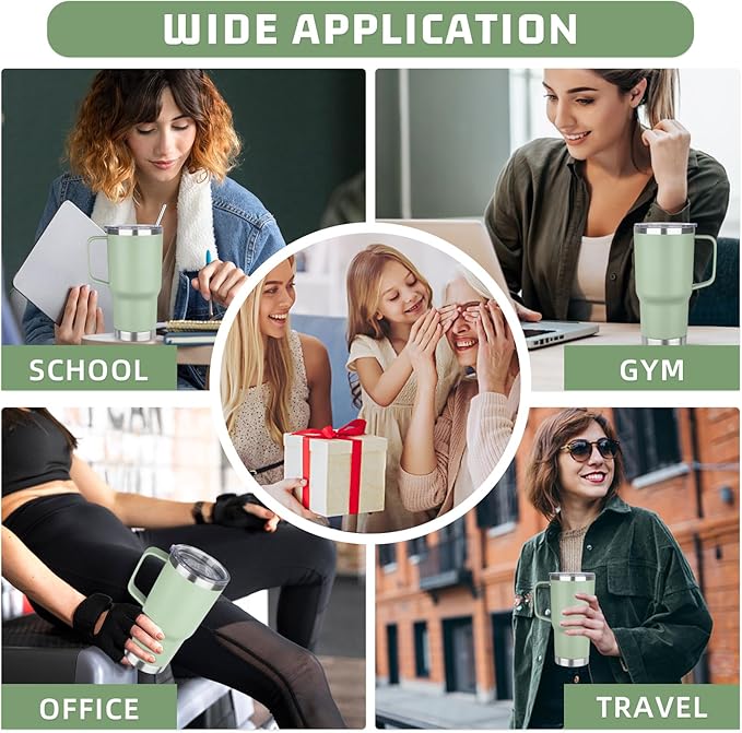 20 oz Tumbler with Handle Stainless Steel Insulated Coffee Mug Tumbler with Lid and Straw Double Wall Vacuum Insulated Coffee Mug Leak Proof Travel Mug Tumbler for Hot and Cold Drink (Green Tea,4pack)