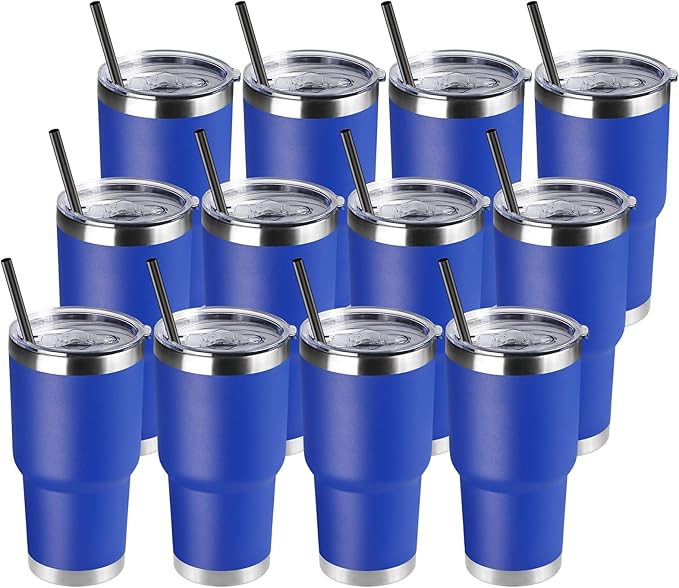 DOMICARE 30 oz Tumbler with Lid and Straw, Stainless Steel Tumblers Bulk, Insulated Vacuum Double Wall Travel Coffee Mug, Durable Powder Coated Tumbler Cups (Dark Blue, 12)