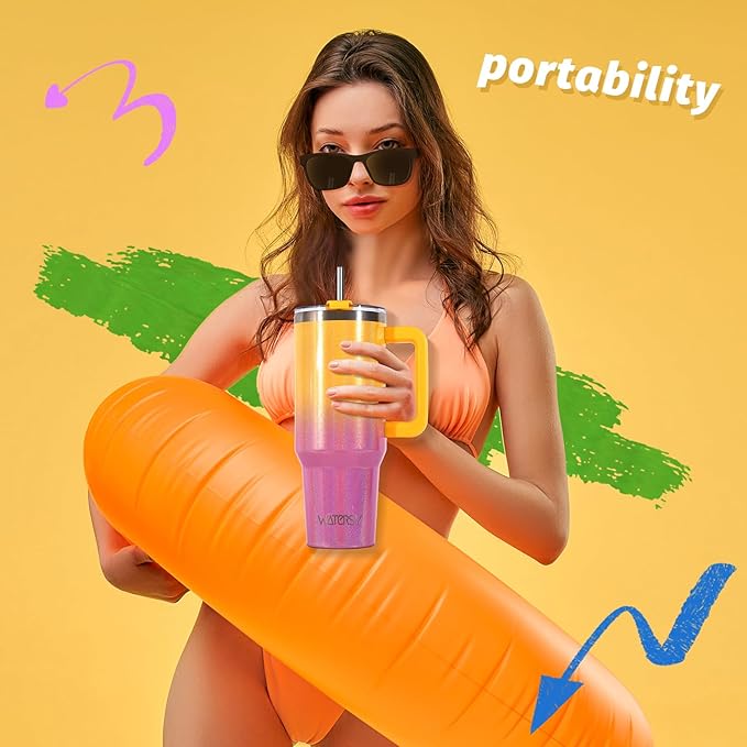 30 oz Shiny Tumbler with Handle and Straw,Stainless Steel Tumbler with Lid and Straw,Insulated Travel Mug(Cold for 34 Hours),Water Bottle for Iced Tea,Coffee (Yellow)