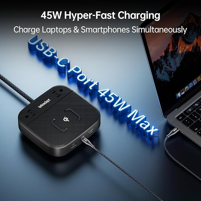 67W Charging Station for Multiple Devices, 6-in-1 Desktop Power Hub with Wireless Charger for iPhone, 2AC Outlets, 1 USBA, 2 USBC 45W Fast Charging for iPad Samsung Android Devices, Black
