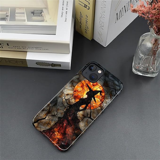 Case for iPhone 13 iPhone 14 Case,Halloween Witch Moon Stained Glass Design Hybrid Dual Protection Silicone + Hard PC Shockproof Full Body Cover,Slim Anti-Scratch Protective for Men Women