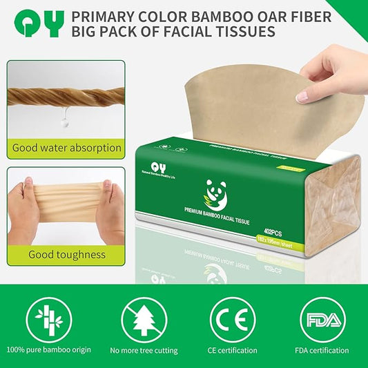 Soft Durable Bamboo Facial Tissues - 3 Ply Natural Unbleached Facial Paper Dry or Wet Use 12 Packs（134 Tissue per Pack, 1608 Tissues Total）