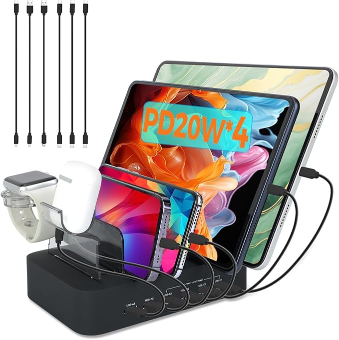 USB C Charging Station for Multiple Devices Apple,100W 4 PD and 2 USB Charger Stations Compatible with Apple iPhone iPad and Android Phone and Tablet,Type C Multi Charging Station