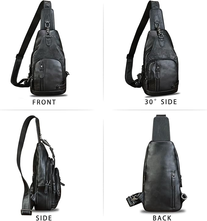 IVTG Genuine Leather Sling Bag Vintage Crossbody Shoulder Bag Handmade Casual Backpack Fanny Purse Chest Bag (Black)