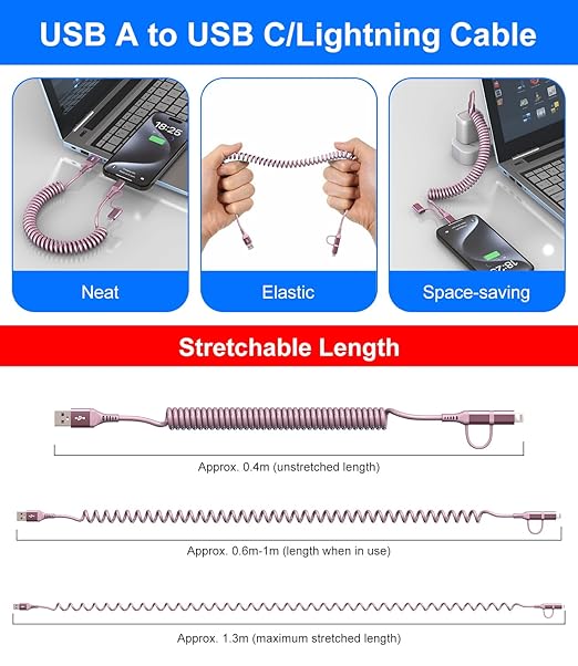 USB to USB C and Lightning Pink Car Charger Cable - Pink iPhone Charger Coiled Lightning Cable Type-C Charging Cord Support Apple Carplay & Android Auto & Data, for iPhone 16 15 14 13 12 11 Android