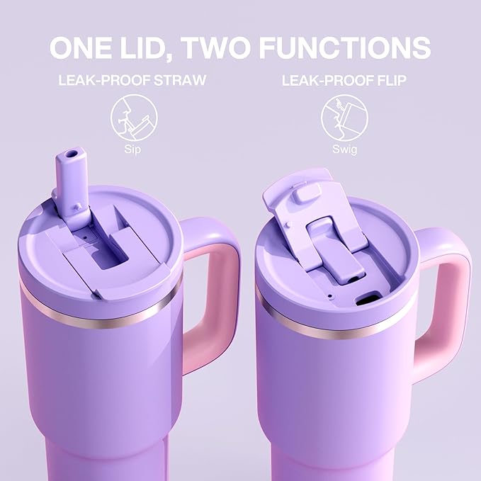 32 oz Tumbler with Handle and Straw: Stainless Steel Insulated Tumbler Keeps Cold for 24 Hours, Leakproof Travel Cup Fits in Cup Holder and BPA-Free, Mauve