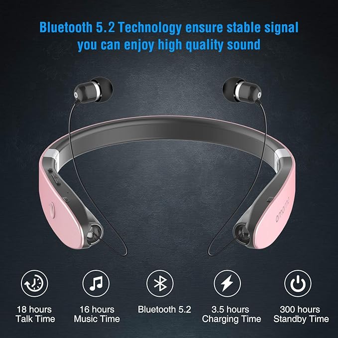 AMORNO Foldable Bluetooth Headphones Wireless Neckband Headset with Retractable Earbuds, Sports Sweatproof Noise Cancelling Stereo Earphones with Mic …