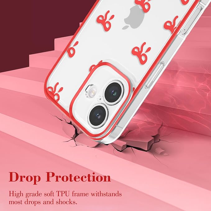 EYZUTAK Case for iPhone 16, Clear Cute Ribbon Bowknot Pattern Aesthetic Transparent Phone Case Raised Camera Protection Stylish Slim Soft Durable TPU Protective Cover for Women Girls - Red