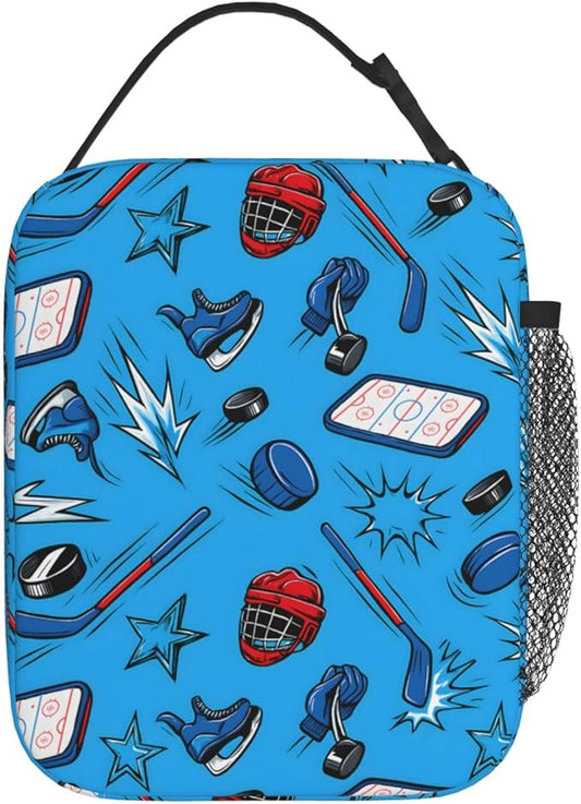 Hockey Sport Theme Lunch Box for Boys Teens, Cartoon Ice Rink and Stick Reusable Thermal Insulation Cooler Tote Bags, Fun Athlete Insulated Bag for School Picnic Camping Outdoor Travel, Gifts