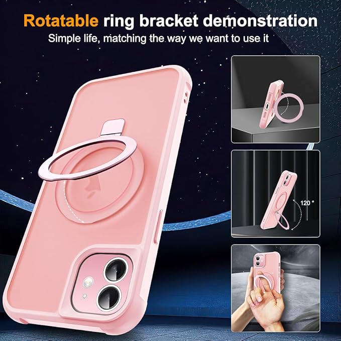 Compatible with iPhone 12 Case & iPhone 12 Pro Case with Invisible Magnetic O-Ring Stand Translucent Phone Cases 6.1" [Compatible with Mag-Safe][Great Grip Feeling], Pink