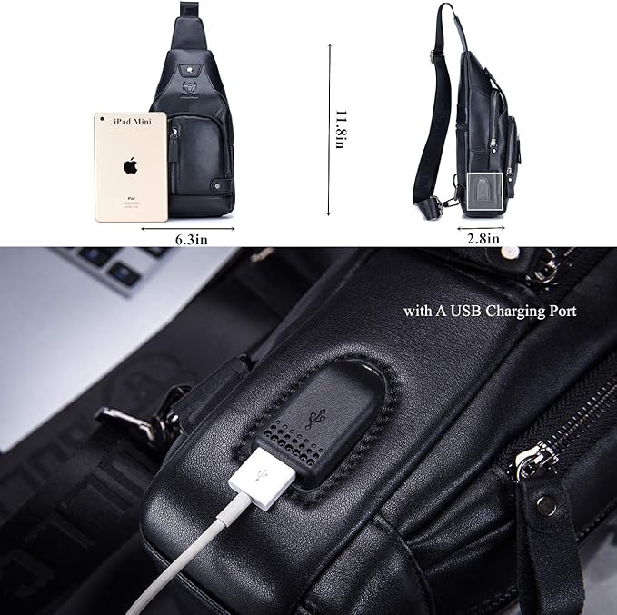 BULLCAPTAIN Genuine Leather Sling Bag with USB Charging Port Multi-pocket Chest Bag for Men Hiking Travel Daypack XB-129