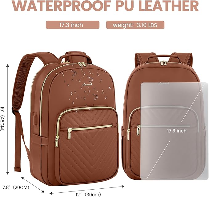 LOVEVOOK Leather Backpacks for Women,17.3 inch Leather Laptop Backpack Women Computer Backpack Laptop Bag,Stylish Quilted Travel Backpack Purse Work Bag College Teacher Backpacks with USB Port,Brown