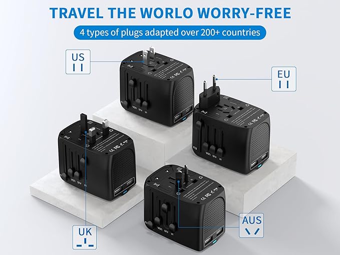 International Travel Adapter Voltage Converter Combo for 100V-240V with 2 USB Ports, USA to UK Europe Australia 200+ Countries