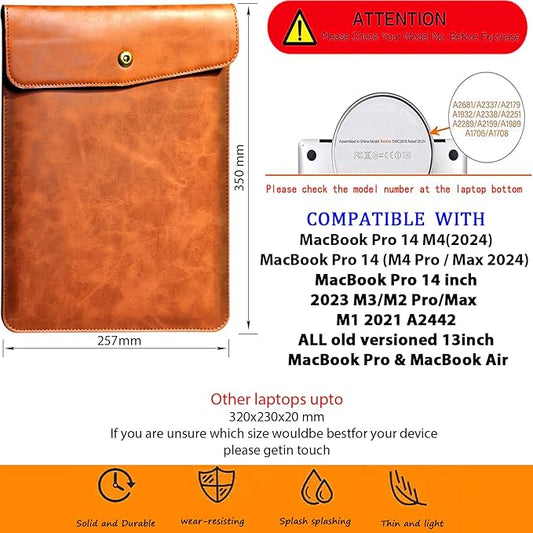 Genuine Leather Laptop Sleeve Compatible with MacBook Pro 14 Inch M4 M3 M2 Pro/Max 2023 & M1 Case,Slim and Durable Waterproof Vertical Laptops Bag for 14 Inch Notebook Computer Cover,Brown