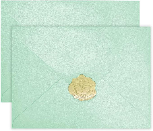 YINUOYOUJIA 50 PCS Pearl Mint Green Envelopes A7,5 x 7 Mint Green Shimmer Envelopes for Invitation,Perfect for Wedding Invitation Cards,Birthday RSVP Invite,5.25 x 7.25 inches