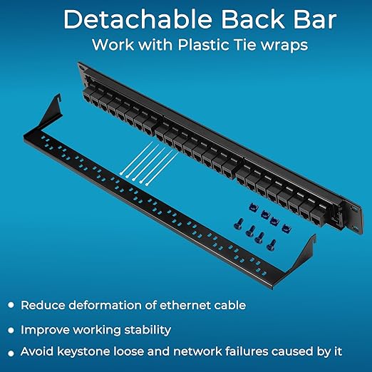 Rapink Patch Panel 24 Port Cat6A with Inline Keystone 10G Support, Pass-Thru Coupler UTP 19-Inch with Removable Back Bar, 1U Network Patch Panel for Cat6a,Cat6, Cat5e, Cat5 Cabling