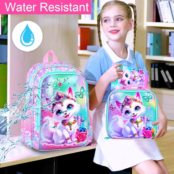 16" Fox Backpack for Girls, 3Pcs Kids Bookbag for Elementary Preschool Kindergarten, School Backpacks with Lunch Box(Pink)