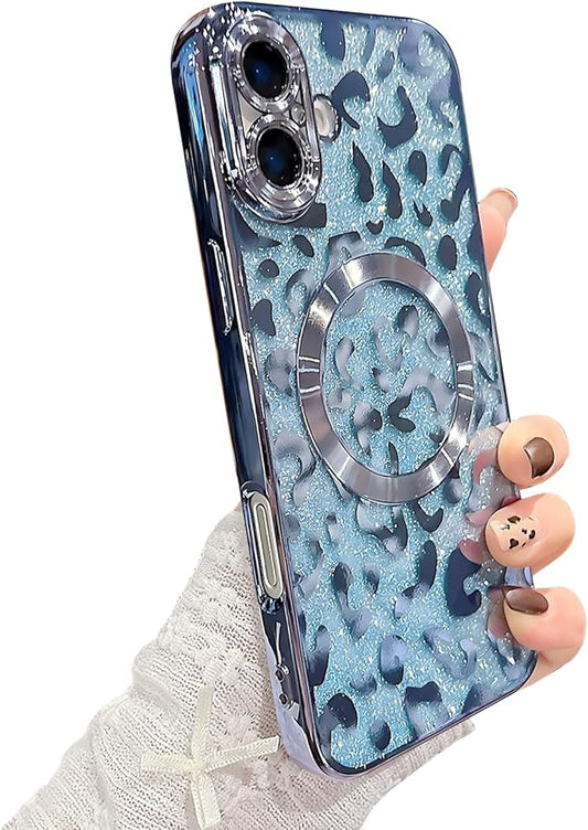 for iPhone 16 Case Magnetic,Soft Cute Luxury Leopard Cheetah Pattern Plating Glitter Bling Phone Case Compatible with MagSafe Clear Shockproof Back Cover for Women Girl 6.1"-Blue