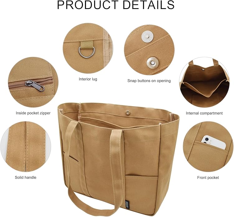 TeeYee Women's 20L Canvas Tote Bag Reusable Multi-Pocket Organizer for Travel Work Gym Shopping Large Shoulder Bag