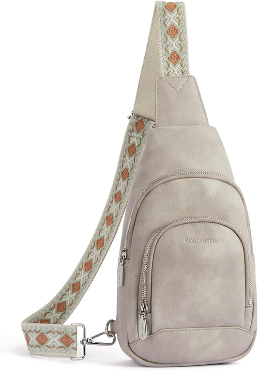 BOSTANTEN Sling Bag for Women Leather Crossbody Bag Vintage Cross Body Purse for Travel with Guitar Strap, Bohemian Style