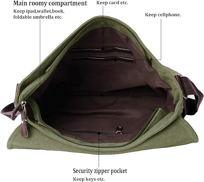 Vintage Canvas Satchel Messenger Bag for Men Women,Travel Shoulder bag 13.5" Laptop Bags Bookbag (Army green)