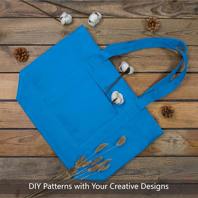 TOPDesign 6-Pack Canvas Tote Bags with an External Pocket, Reusable Grocery Shopping Bags, Top Zipper Closure, Daily Essentials (Ocean Blue)