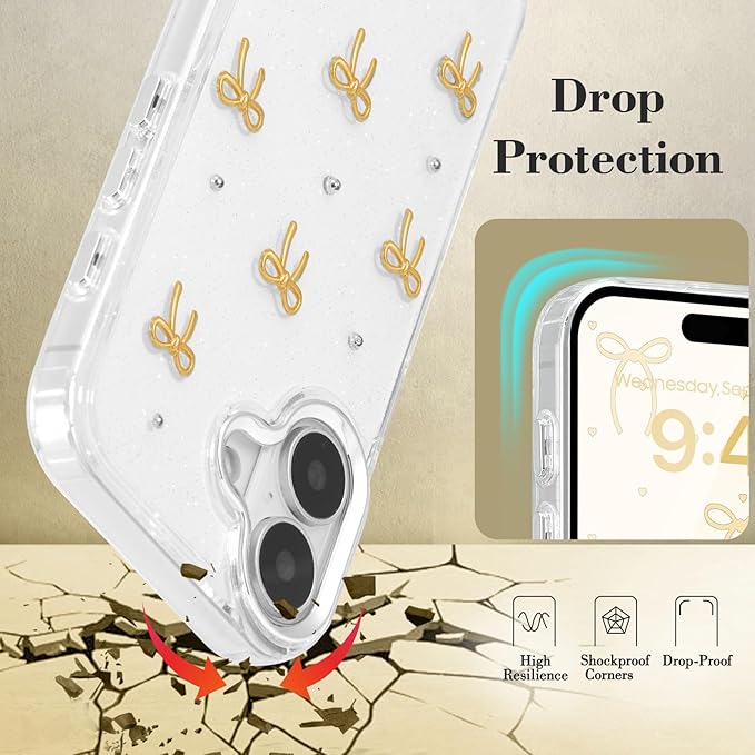 EYZUTAK Case for iPhone 17, Bling Glitter 3D Bowknot Phone Case Cute Sparkly Crystal Clear Bow Aesthetic Design Cover Slim Soft Durable TPU Transparent Protective Cover for Women Girls - Gold Bow