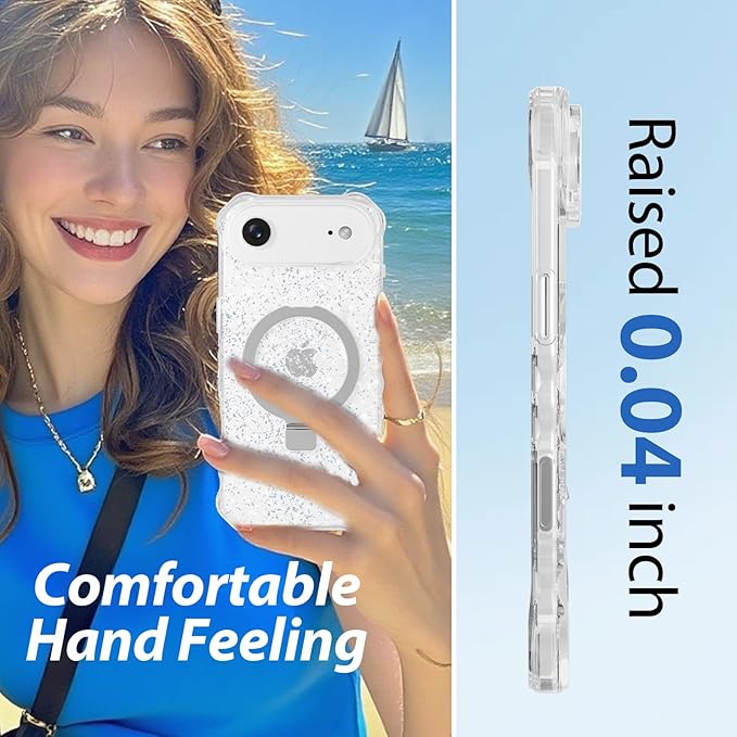 Magnetic for iPhone Air Case with Invisible Stand, Compatible with MagSafe, Clear Bling Sparkle Shockproof Slim Anti-Slip Military Drop Protection Hard Phone Case 6.5" Glitter Silver