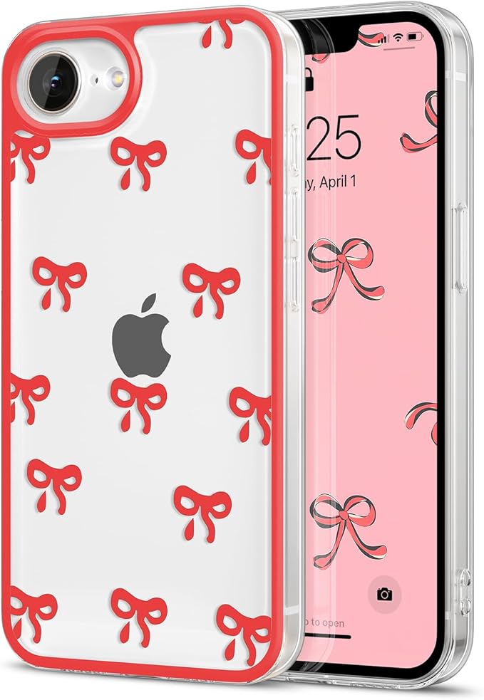 EYZUTAK Case for iPhone 16e, Clear Cute Ribbon Bowknot Pattern Aesthetic Transparent Phone Case Raised Camera Protection Stylish Slim Soft Durable TPU Protective Cover for Women Girls - Red