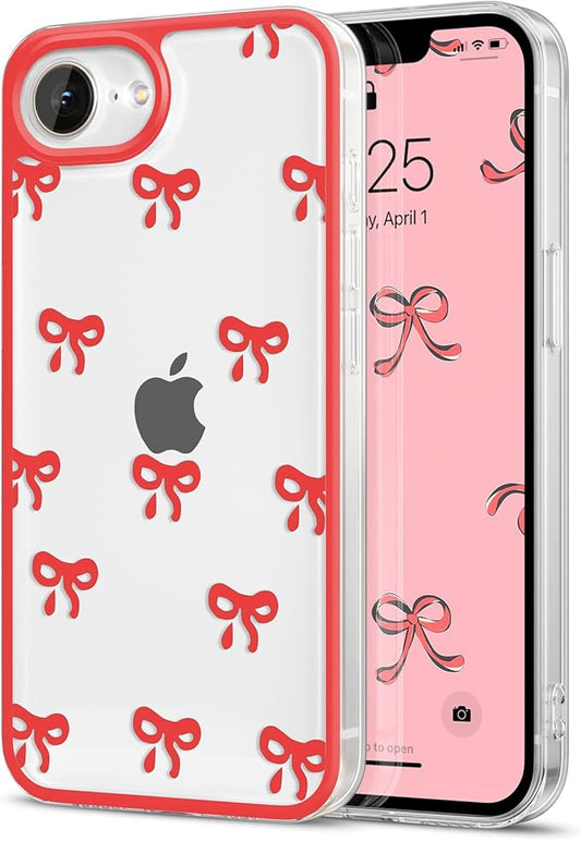 EYZUTAK Case for iPhone 16e, Clear Cute Ribbon Bowknot Pattern Aesthetic Transparent Phone Case Raised Camera Protection Stylish Slim Soft Durable TPU Protective Cover for Women Girls - Red