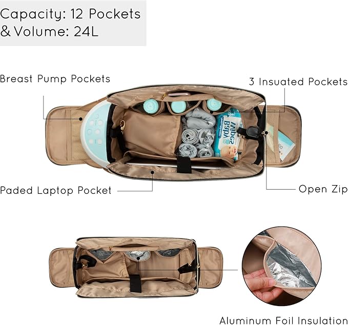 mommore Breast Pump Bag Diaper Tote Bag with 15 Inch Laptop Sleeve Fit Most Breast Pumps Like Medela, Spectra S1,S2, Evenflo