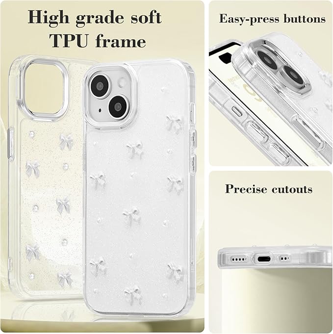 EYZUTAK Case for iPhone 15, Bling Glitter 3D Bowknot Phone Case Cute Sparkly Crystal Clear Bow Aesthetic Design Case Slim Soft Durable TPU Transparent Protective Cover for Women Girl - White Bow