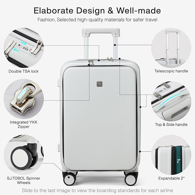 Hanke Grace Expandable Carry On Luggage with Wheels Airline Approved Hard Shell Suitcases with Front Pocket，Top Opening Luggage with TSA Lock for Short Business Travel, Smoke White.