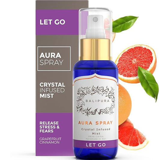 BALIPURA Let Go Aura Crystal Spray with Amethyst Sodalite Clear Quartz Palo Santo Crystals Pure Organic Cinnamon Grapefruit Handmade in Bali - 3.4 fl.oz