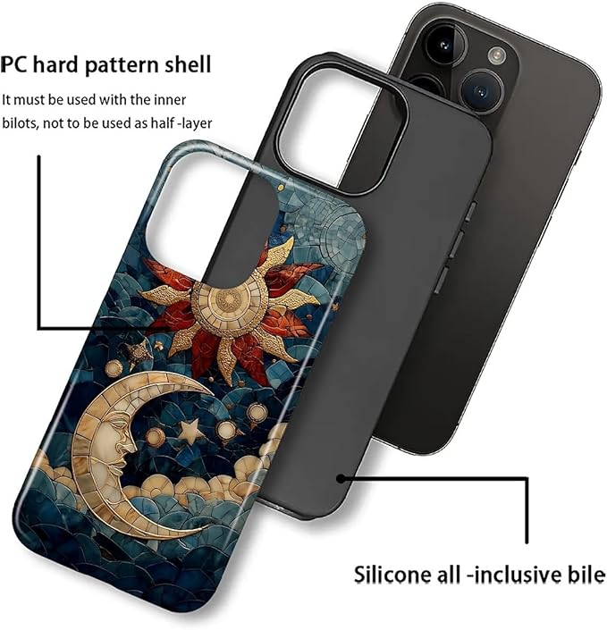 Case for iPhone 16 Pro Max Case,Sun Moon Stars Faux Stained Glass Design Hybrid Dual Protection Silicone + Hard PC Shockproof Full Body Cover,Slim Anti-Scratch Protective for Men Women