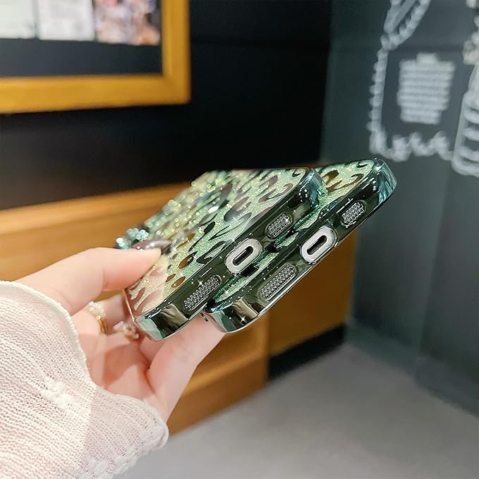 for iPhone 16 Case Magnetic,Soft Cute Luxury Leopard Cheetah Pattern Plating Glitter Bling Phone Case Compatible with MagSafe Clear Shockproof Back Cover for Women Girl 6.1"-Green