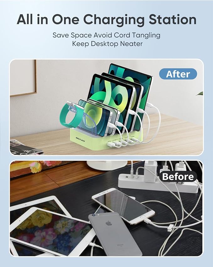 MSTJRY USB C Charging Station for Multiple Devices: 90W 5 Ports Multi Fast Charger for iPhone iPad Tablets Phone Airpods - Charging Dock Organizer with Adjustable Dividers for Home Office Classroom