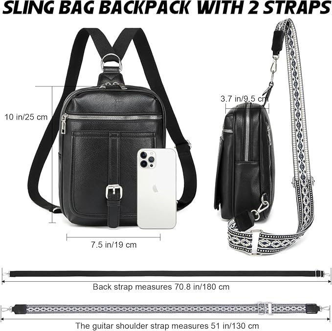 Sling Bag Crossbody Backpack - 2 in 1 Leather Cross Body Bag Fanny Pack with 2 Removable Straps