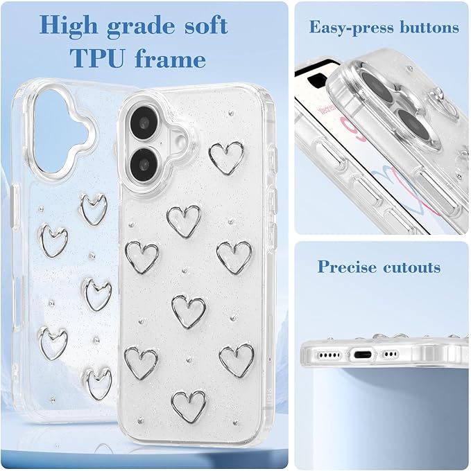 EYZUTAK Case for iPhone 16 Plus, Bling Glitter 3D Hearts Phone Case Cute Sparkly Crystal Clear Heart Aesthetic Design Case Slim Soft Durable TPU Transparent Protective Cover for Women Girls - Heart